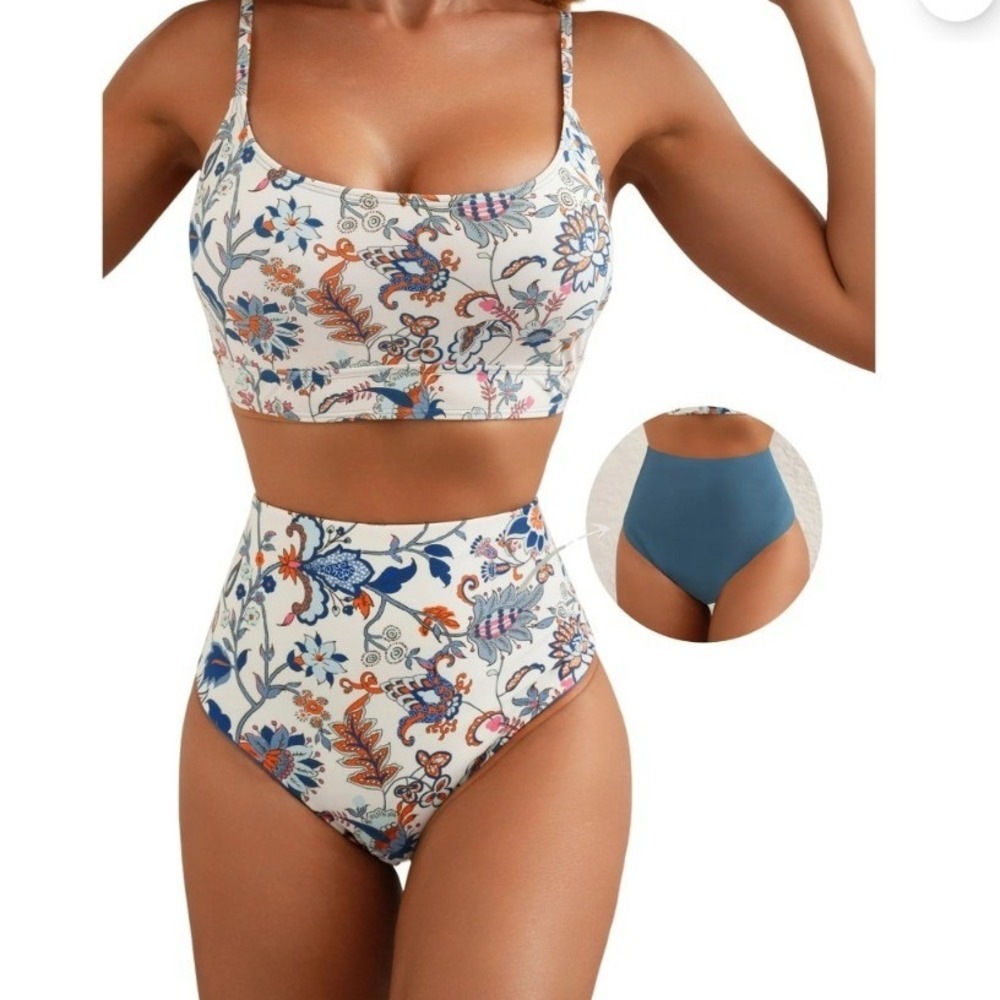 Eytino Floral High Waisted Bikini Set Reversible Blue Bottoms Small New